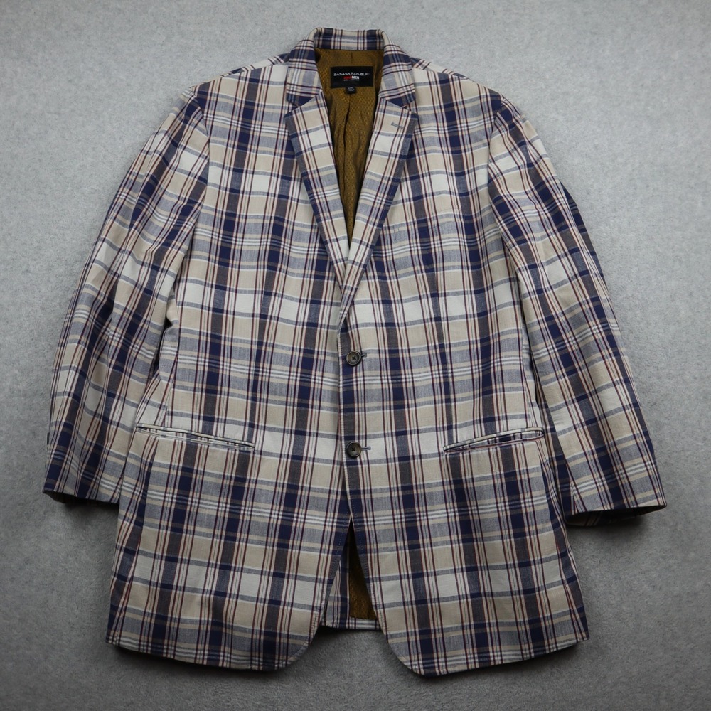 Banana Republic Blazer Mens 44L Mad Men Collection Blue Plaid Cotton Sport Coat